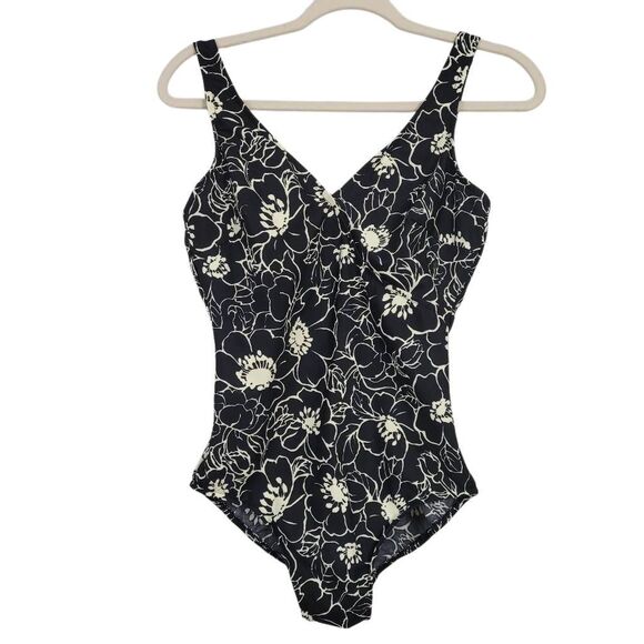 Miraclesuit Other - Miraclesuit Black Floral One Piece Swimsuit Sz 10 Padded Wirefree Slimming V-Nec